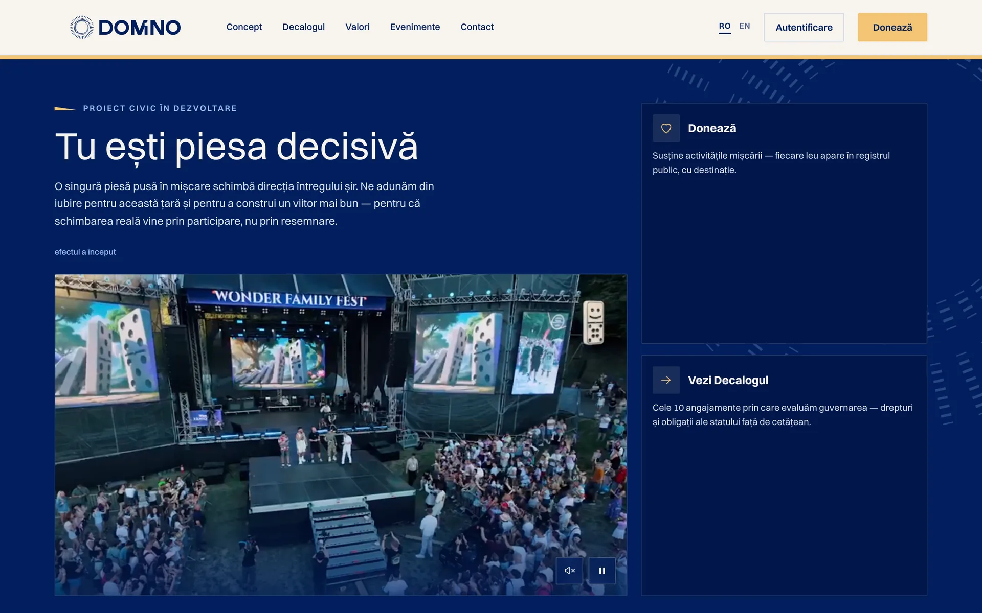 Domino home page: Tu ești piesa decisivă, with donate and principles panels