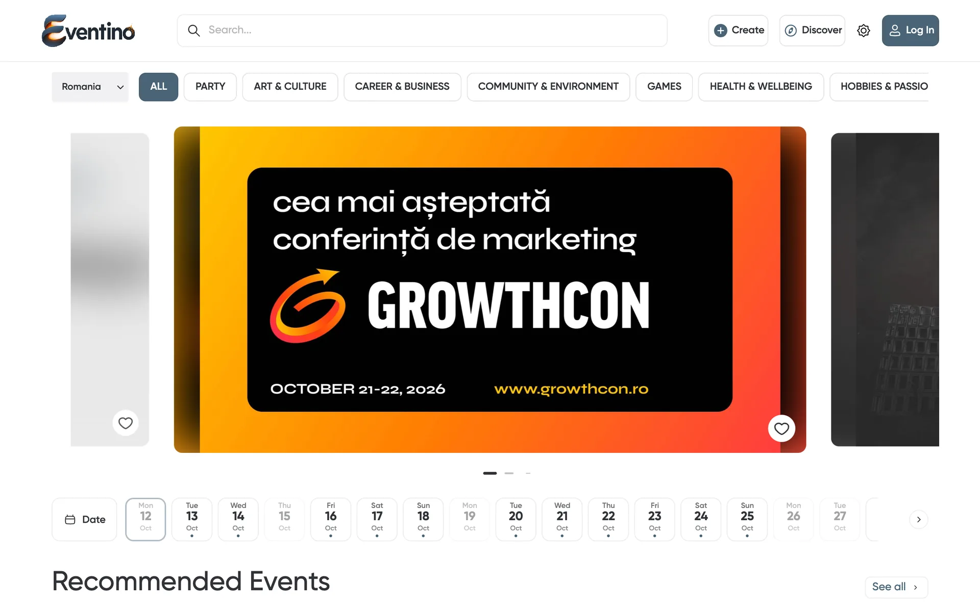 Eventino home page with a featured event and the date strip