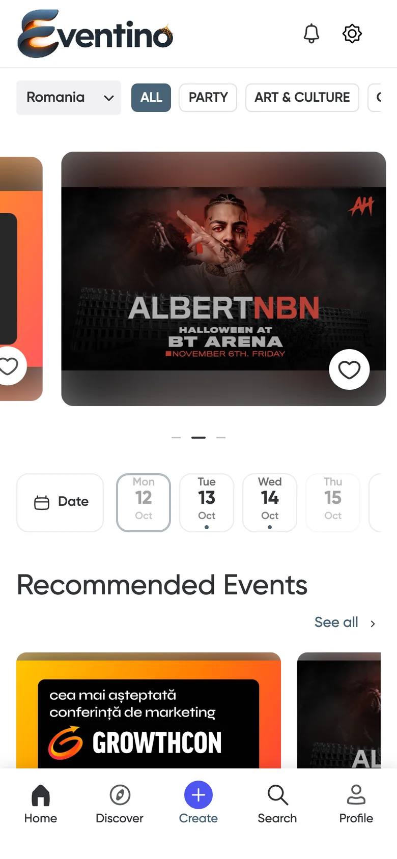 Eventino on a phone, featured events and the bottom navigation