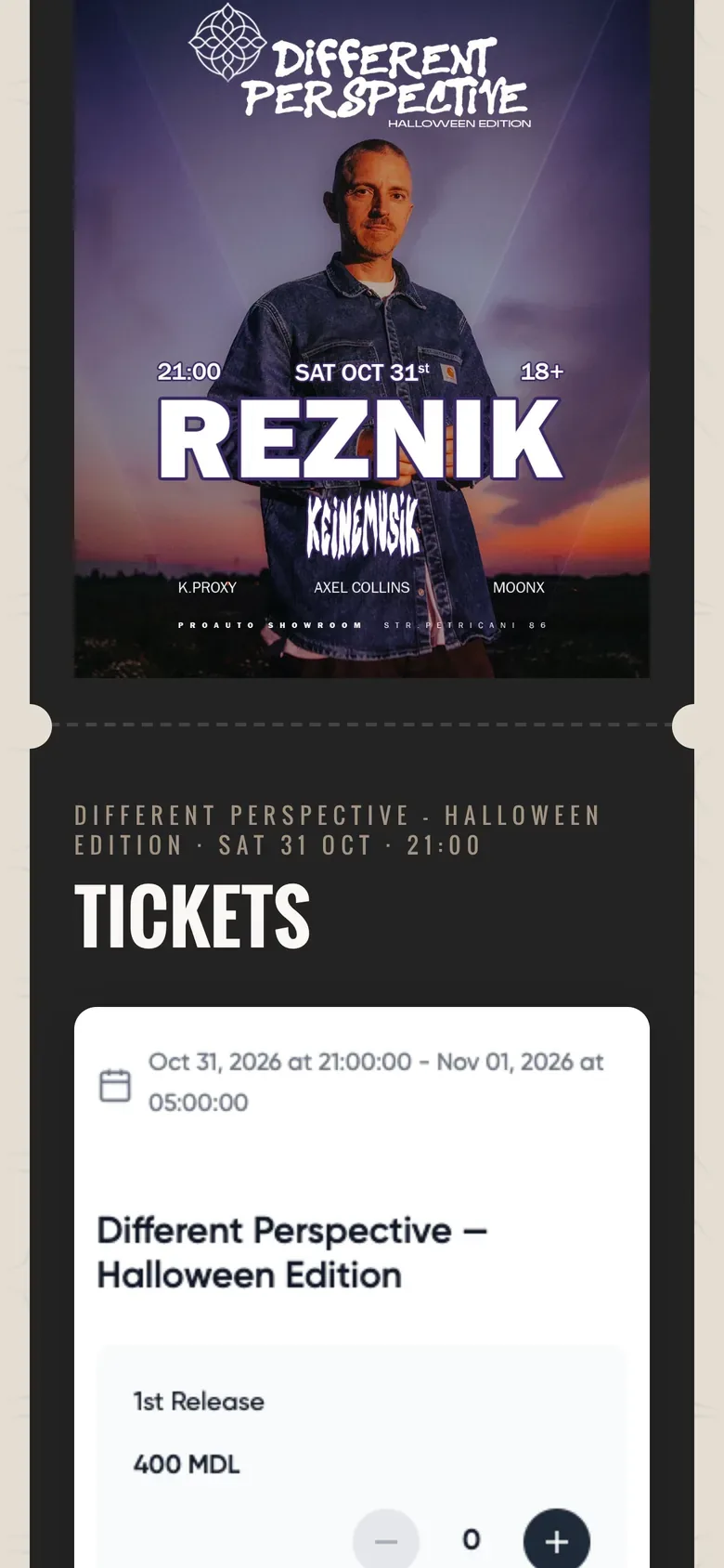 Utopia ticket selection for an upcoming event, on a phone