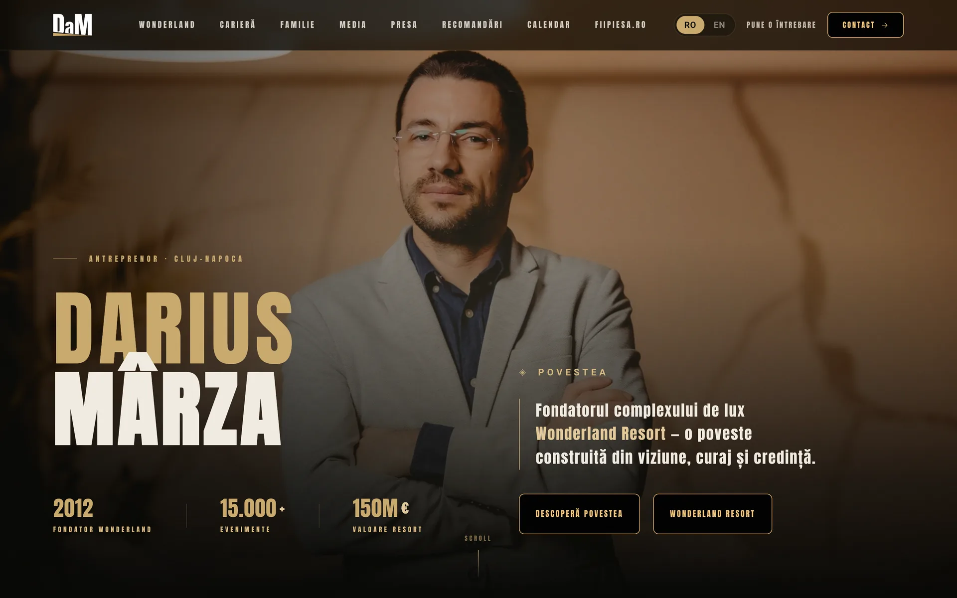 Darius Mârza site opening on a portrait and the Wonderland numbers